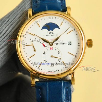 TWA Factory IWC Portofino Gold Case Kinetic Moon Phase Watch Blue Leather Strap 